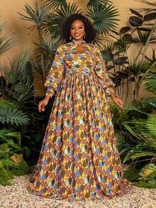 Faeriesty Plus Size Lantern Sleeve Dress | African Style Plus Size Stand Collar A-Line Dress | Women's Vacation, Beach, Park Picnic, Casual City Dress Spring Elegant - Yellow - View 6