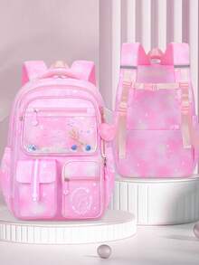 1 件套流沙公主印花背包，带可爱蝴蝶结，多口袋大容量，可调节肩带，拉链开合，涤纶衬里，防水材质，适合通勤、日常使用、返校礼物