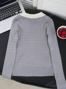 Women Sexy Peter Pan Collar Contrast Color Knit Sweater, New Fall/Winter Basic Pullover Sweaters With Embroidery