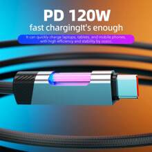 OOZCC Cabo de Carregamento RGB Oozcc: Cabo de Carregamento USB Tipo C de 120W 6A com Luz Ambiente RGB