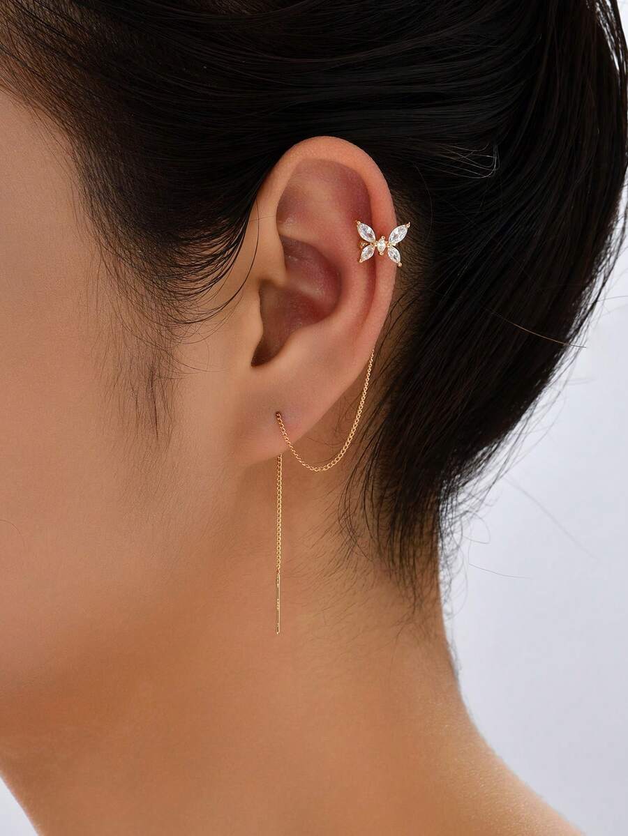 2 件简约奢华蝴蝶方晶锆石和流苏夹式耳环，适合女士的礼物 - 金黃色 - 查看 1