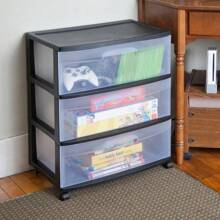 3-Drawer Wide Plastic Storage Cart Black - Space-Saving Organiser With Clear Pull-Out Drawers & Stackable Design