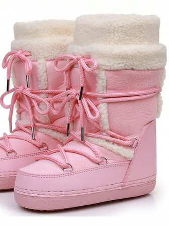 Women's Faux Shearling Boots, Comfortable Fluffy Warm Short Outdoor/Indoor Flat Shoes, Mid-Calf Boots, Thermal Lined Space Boots, Warm Snow Boots