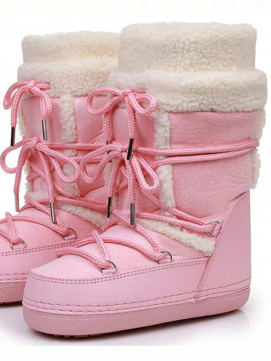 Cizme de damă din imitație de shearling, pantofi comozi, pufoși, călduroși, scurți, cu plată, pentru exterior/interior, cizme până la jumătatea gambei, cizme termice, cizme de zăpadă calde - Roz - Vizualizare 1