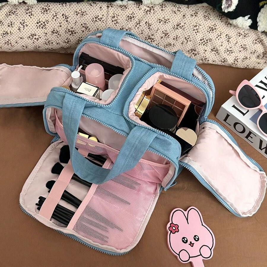 Large Capacity Waterproof Toiletry Bag,Travel Lightweight Large Wide-Open Travel Bag For Women, Puffy Cosmetic Makeup Bag Organizer With Handle For Accessories,Essentials, Toiletries - 牛仔褲 - 查看 1