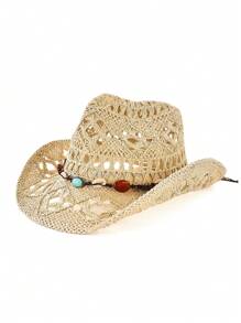 1pc Unisex Gemstone Decor Western Cowboy Hat, Hollow Print Straw Hat, Spring/Summer Travel Sun Beach Hat, Casual Sun Hat (After Receiving The Product, If The Brim Is Deformed, It Needs To Be Manually Adjusted Back)