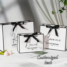 Personalized Custom Name Christmas Gift Paper Bag With Satin Bow Merry Christmas Star Print White Portable Handbag Holiday Party Gift Packaging Present Storage Bag Custom Gift Bags - Multi-color 6 - View 1