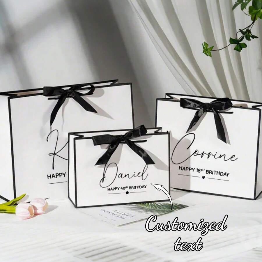 Personalized Custom Name Christmas Gift Paper Bag With Satin Bow Merry Christmas Star Print White Portable Handbag Holiday Party Gift Packaging Present Storage Bag Custom Gift Bags - Multi-color 6 - View 1