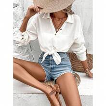 LUNE Solid Drop Shoulder Button Front Shirt,Long Sleeve Tops - White - View 8