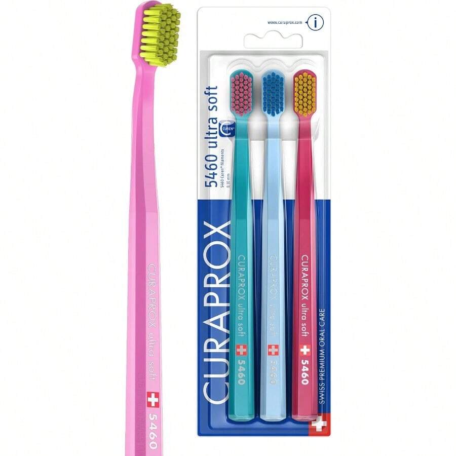 Curaprox CS 5460 Ultra-Soft Toothbrush For Adult Gum And Tooth Care | Ultra Soft Curen® Bristles For Gentle & Effective Cleaning | 3-Pack Assorted Colors