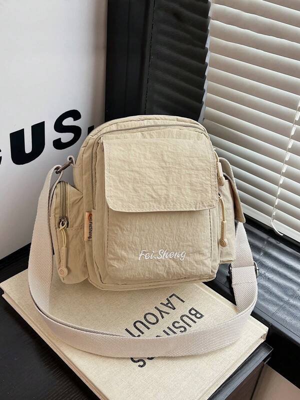 1 Pc Versatile Street Man With Multi Pockets Crossbody Bag Shoulder Bag Small Square Bag Mobile Phone Coin Purse Lightweight Portable With Zipper For Daily Commuter Bag Adjustable Shoulder Strap For Travel Vacation Business Sport Outdoor Work Shopping Commute Gifts For Friends Solid Color Nylon Letter Embroidered Decoration Casual Bag For Student Couple For Men And Women White Collar Bestfriend Travel Accessories