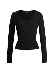 Damen Slim Fit V-Ausschnitt Sexy Langarm Y2K Unterhemd