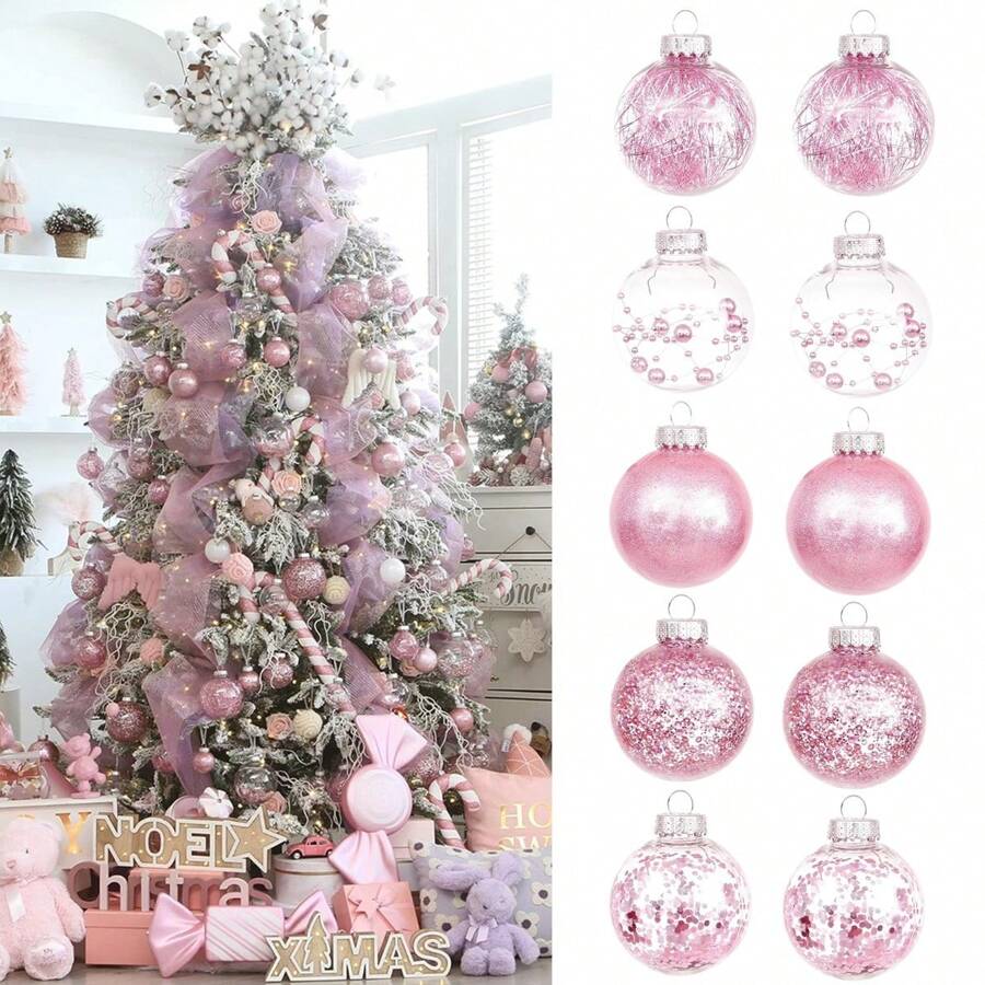 10 Pcs Clear Christmas Ball Ornaments, Champagne Gold Shatterproof Decorative Hanging Ball Ornament With Stuffed Delicate Decorations, Xmas Tree Balls For Christmas Holiday Party