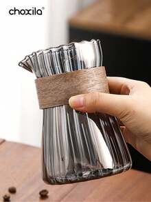 choxila 1个500毫升耐热玻璃咖啡壶，竖条纹高硼硅玻璃咖啡壶，带木环的茶壶，咖啡杯，茶杯 - 淺灰色 - 查看 2