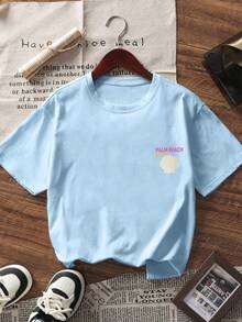 1 Áo thun tay ngắn in họa tiết vỏ sò cho bé gái, Áo mùa hè thoải mái và thời trang cho học sinh & thanh thiếu niên - Màu xanh lam - Xem 3