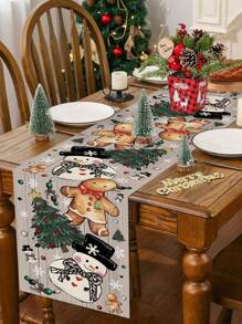 1 件 35 * 180 厘米/13.78 * 70.87 英寸姜饼人和雪人圣诞涤纶桌布，可爱节日装饰桌布，适合家庭餐桌、厨房、圣诞装饰