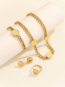 5 Stücke/set Edelstahl 18k Gold Runde Platte Geprägte Matten Ketten Kragen Knochen Halskette Für Frauen, Einschließlich Halskette, Ohrringe, Ringe, Armband - Gold - Übersicht 10