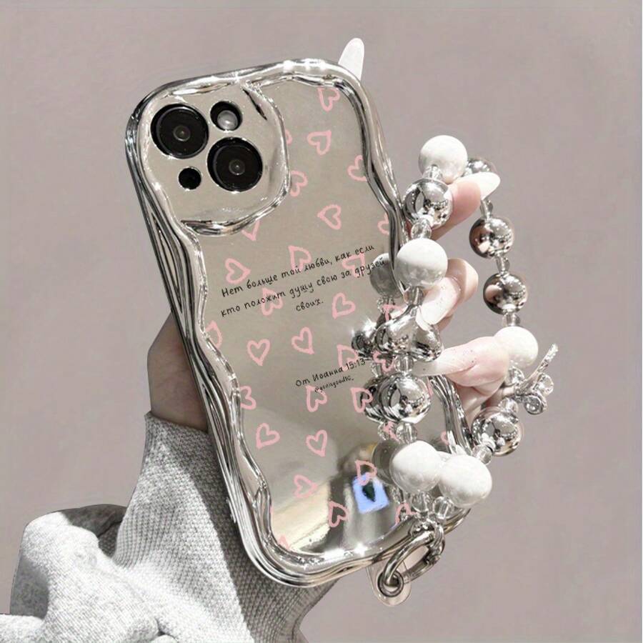 Estuche para teléfono Estuche para teléfono con onda galvanizada de 1 pieza con colgante de perla, cubierta protectora a prueba de golpes de cobertura total, accesorio de moda compatible con la serie 11 12 13 14 15 16 Pro Pro Plus - Diseño elegante Nuevo teléfono - Colores mixtos 3 - Ver 1