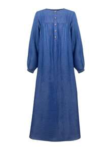 Vestido elegante y casual de mujer de manga farol con cuello redondo, unicolor, decoración de botones, vestido largo árabe, para primavera/otoño