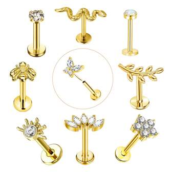 10Pcs 316 Surgical Steel Tragus Piercing Lip Stud Earring For Women Girl,18K Gold Internally Threaded Fashion Combination Cartilage Helix Ear Jewelry Suitable For Daily And Banquets To Wear