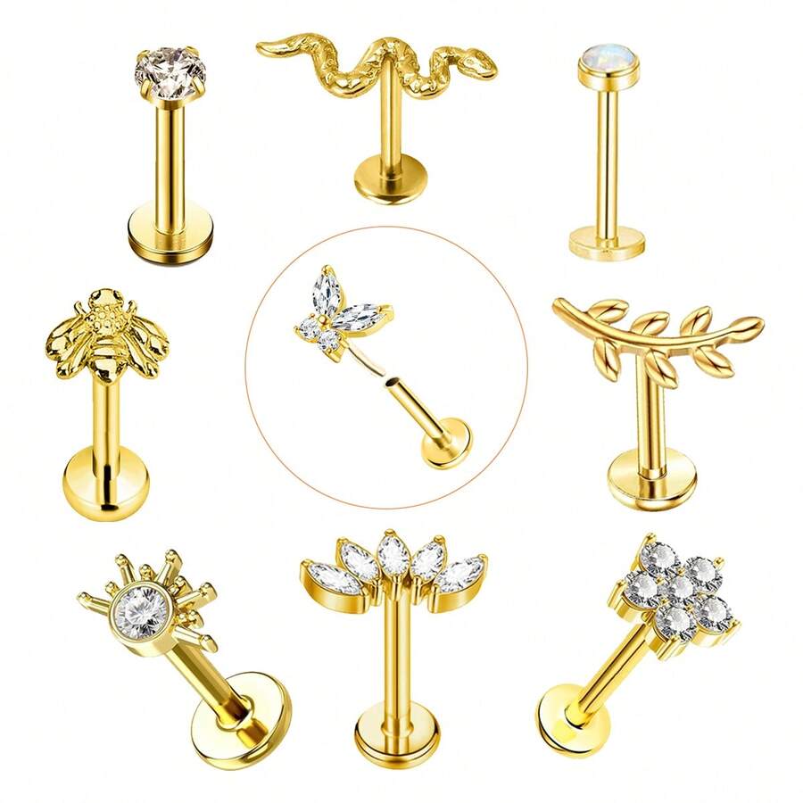 10Pcs 316 Surgical Steel Tragus Piercing Lip Stud Earring For Women Girl,18K Gold Internally Threaded Fashion Combination Cartilage Helix Ear Jewelry Suitable For Daily And Banquets To Wear - Yellow Gold - View 1