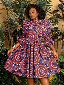 TribalChic Plus 圆领灯笼袖 A 字加大码连衣裙：适合日常穿着、度假装、公园漫步、早午餐约会和休闲出游 - 紫色 - 查看 1