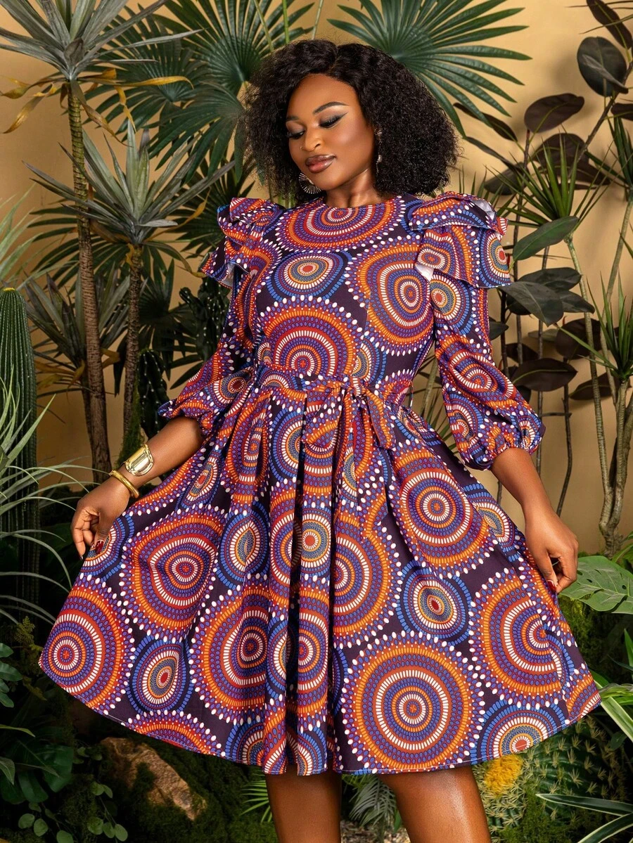 TribalChic Plus 圆领灯笼袖 A 字加大码连衣裙：适合日常穿着、度假装、公园漫步、早午餐约会和休闲出游 - 紫色 - 查看 1