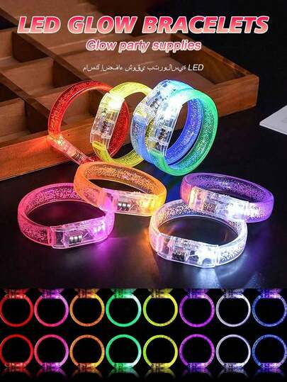 6/15/28 LED发光手环，具备发光和防眩光功能，彩色发光LED腕带，可持续照明12小时以上，亚克力腕带，适合生日、狂欢节、圣诞节、酒吧、婚礼、派对、音乐会等场合，是送给男士的独特礼物，也是情人节、复活节、新年和其他派对的理想礼物。手环带有闪光灯和荧光棒，可用于霓虹婚礼装饰。