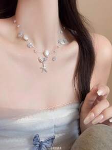 1pc Starfish & Shell Pearl Necklace, Layered Collarbone Chain Delicate Beach Style Accessories For Women