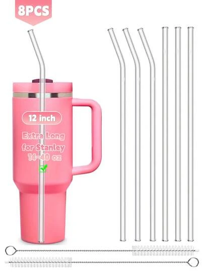 8 ống hút thủy tinh dài thay thế cho cốc - Ống hút cong + thẳng 12 inch có thể tái sử dụng kèm cọ, phụ kiện thay thế, phụ kiện cốc mùa hè