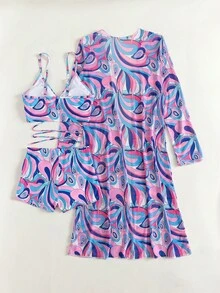 Full Print String Bikini With Beach Cover Up Kimono 3-Pieces Geometric Print Bikini Sets, V Neck Boxer Short Bottom With Cover Shirt Long Sleeves Swimsuit, Women's Swimwear & Clothing Valentine's Day - 紫色 - 查看 7