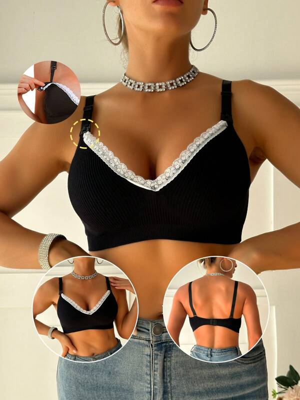 1pc Seamless Wireless Thin Lace Trim Nursing Bra, Simple & Comfortable Maternity Breastfeeding Bra