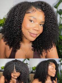 bling hair 14 16 18 20 Inch Kinky Curly Half Wig Human Hair 200% Density Deep Wave Glueless Wigs Human Hair Curly 3 In 1 Half Wigs For Women Drawstring Seamless Flip Headband Wig Beginner Friendly - Natural Black - View 2