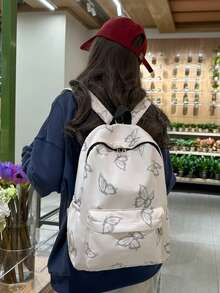 1 件女士蝴蝶印花大容量经典背包，时尚学生上学工作通勤多口袋设计 - 白色 - 查看 2