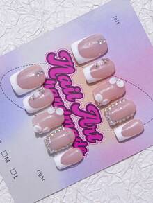 10件/套 Y2K 方口风格手工亚克力美甲贴，法式设计，豹纹，水钻，心形和蝴蝶结装饰，棕色和裸色可选。3种尺寸可选，适合派对、舞会和日常佩戴。附赠美甲工具套装，是送给女士和女孩的绝佳礼物。美甲用品