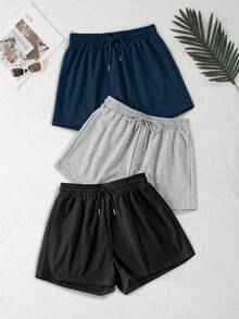 3pcs Solid Color Elastic Waist Sports Shorts - Multicolor - View 1