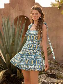 Faeriesty Đầm BohoBloom kiểu dáng thường ngày, buộc dây vai, xếp ly | Trang phục đi nghỉ mát dáng suông với phần eo thắt | Thích hợp cho bãi biển, dạo chơi công viên, dã ngoại, lễ hội âm nhạc, mùa hè thanh lịch - Màu xanh Ô liu - Xem 4