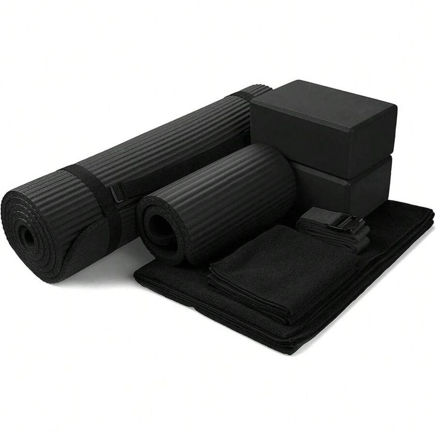 Local Delivery 7-Piece Yoga Equipment Set With Multiple Colors - Yoga Mat With Carrying Strap, 2 Yoga Blocks, Yoga Mat Towel, Yoga Hand Towel, Yoga Strap And Yoga Knee Pad - 黑色 - 查看 1