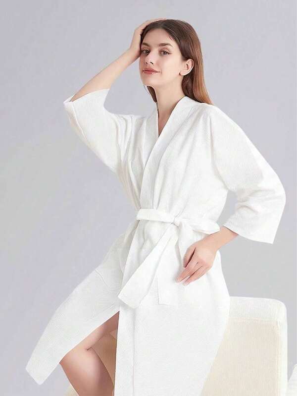 Reusable Luxury Spa Robe For Women - Plush Bathrobe With Belt & Pockets | Machine Washable Travel Robe For Hotels, Saunas, Bridal Showers | Compact Hygienic Home Essentials (White)
