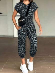Women Short Sleeve Leopard PrintOveralls Pants Ladies Casual Playsuit Jumpsuit Romper - 灰色 - 查看 3