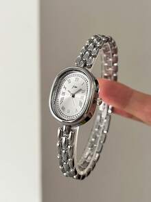 1pc Women's Gold Alloy Bracelet Watch, Oval Dial, Fashionable White Hands, Casual Elegant Roman Numeral Quartz Watch, Suitable For Daily Decoration And Wear - Silver - View 15