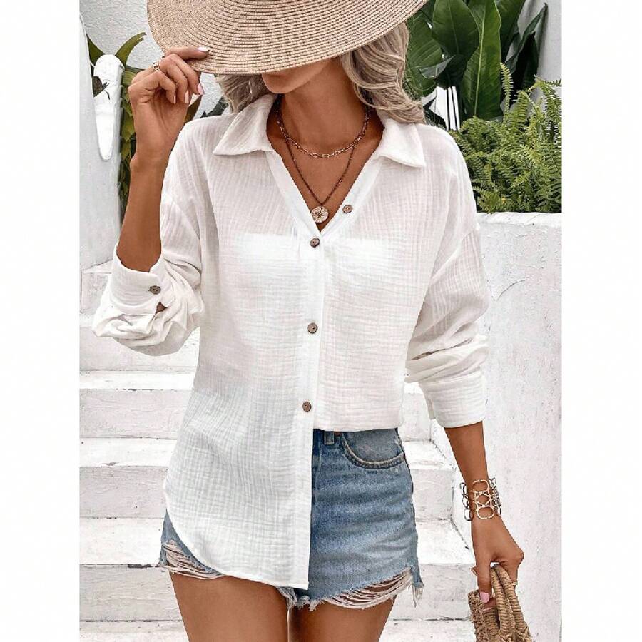 LUNE Solid Drop Shoulder Button Front Shirt,Long Sleeve Tops - White - View 1