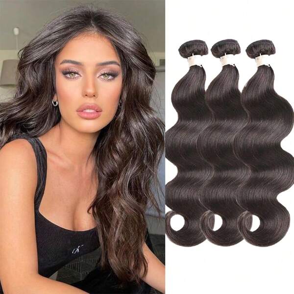 Mechones de cabello humano ondulado brasileño, 3 piezas, cabello virgen, extensiones de cabello humano con doble trama, color marrón oscuro #2 (10 10 10 pulgadas, ondulado)
