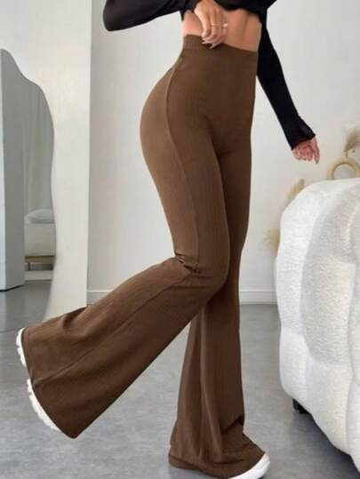 Calça Flare Feminina Ribana Canelado Básica Cintura Alta