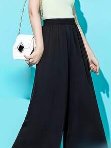 (If You Run Smaller, We Recommend Ordering A Larger Size) 2025 Women's Lightweight Loose Summer Chiffon Pants, Pocketless Design, Comfortable Casual Plus Size Elastic Waistband Fashion Pants, Simple Solid Color, Elegant Temperament, Suitable For Summer Commuting And Outings - Black - View 5