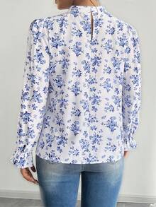 Áo cánh dài tay thanh lịch họa tiết hoa xanh kiểu Pháp dành cho nữ, mùa thu - Màu xanh lam - Xem 2