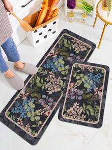 1pc Fashion Leaf & Text Print Kitchen Mat, Soft Plush Rectangular Non-Slip Absorbent Floor Mat, Suitable For Kitchen, Dining Room, Living Room - Multicolor - View 1