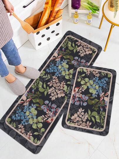 1pc Fashion Leaf & Text Print Kitchen Mat, Soft Plush Rectangular Non-Slip Absorbent Floor Mat, Suitable For Kitchen, Dining Room, Living Room