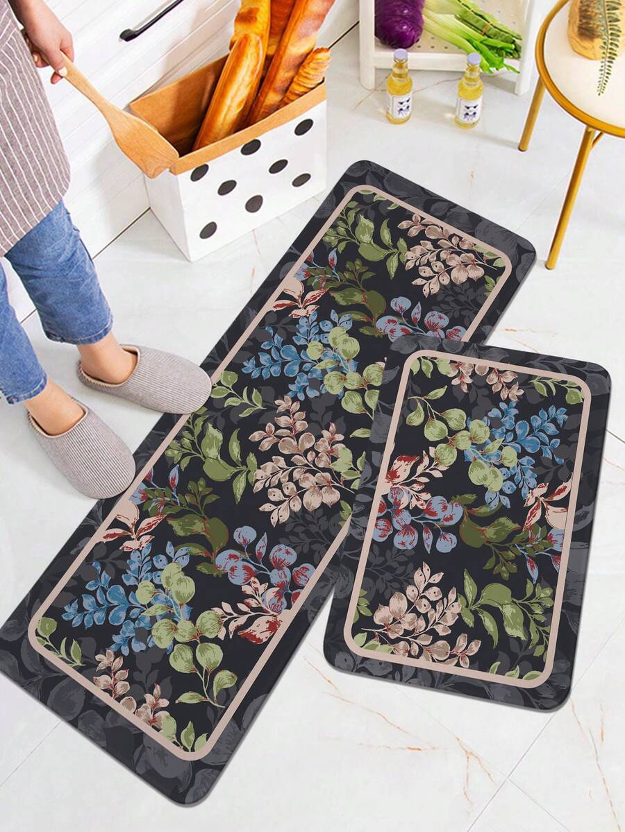 1pc Fashion Leaf & Text Print Kitchen Mat, Soft Plush Rectangular Non-Slip Absorbent Floor Mat, Suitable For Kitchen, Dining Room, Living Room - Multicolor - View 1