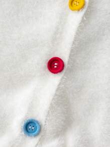 女童休闲纯色纽扣短款人造毛皮针织开衫，适合日常、度假、春季、秋季、冬季 - 白色 - 查看 6